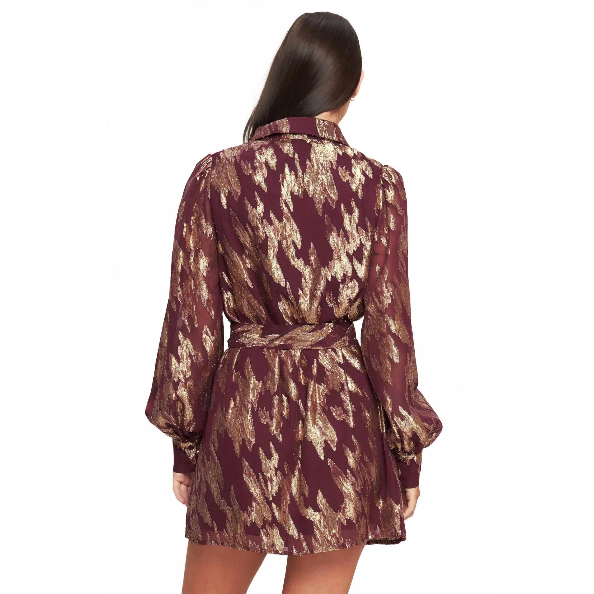 New Flying Tomato Muse Metallic Print Long Sleeve Collared Mini Dress In Burgund — image 3 of 8